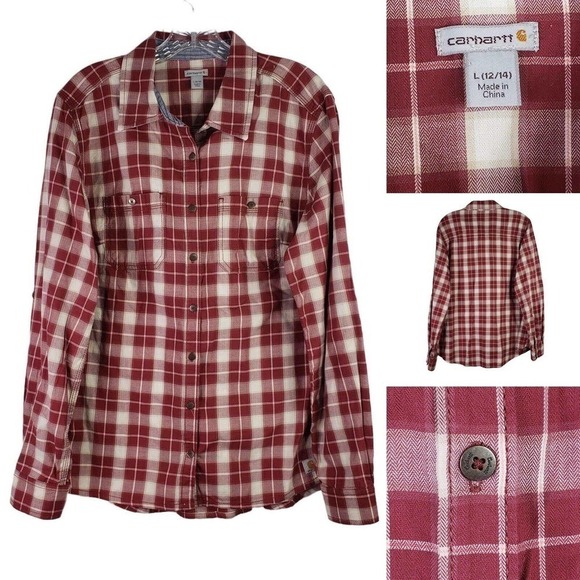Carhartt Shirt Women's Large Red Plaid Long Sleeve Button Up Cotton Rodeo - Picture 1 of 11